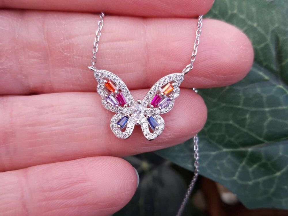 REFURBISHED Sterling silver butterfly necklace with multi-colour stones