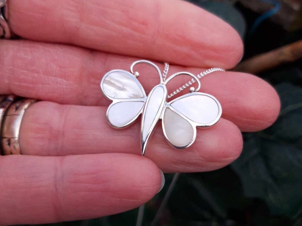 REFURBISHED Sterling silver & mother of pearl butterfly necklace