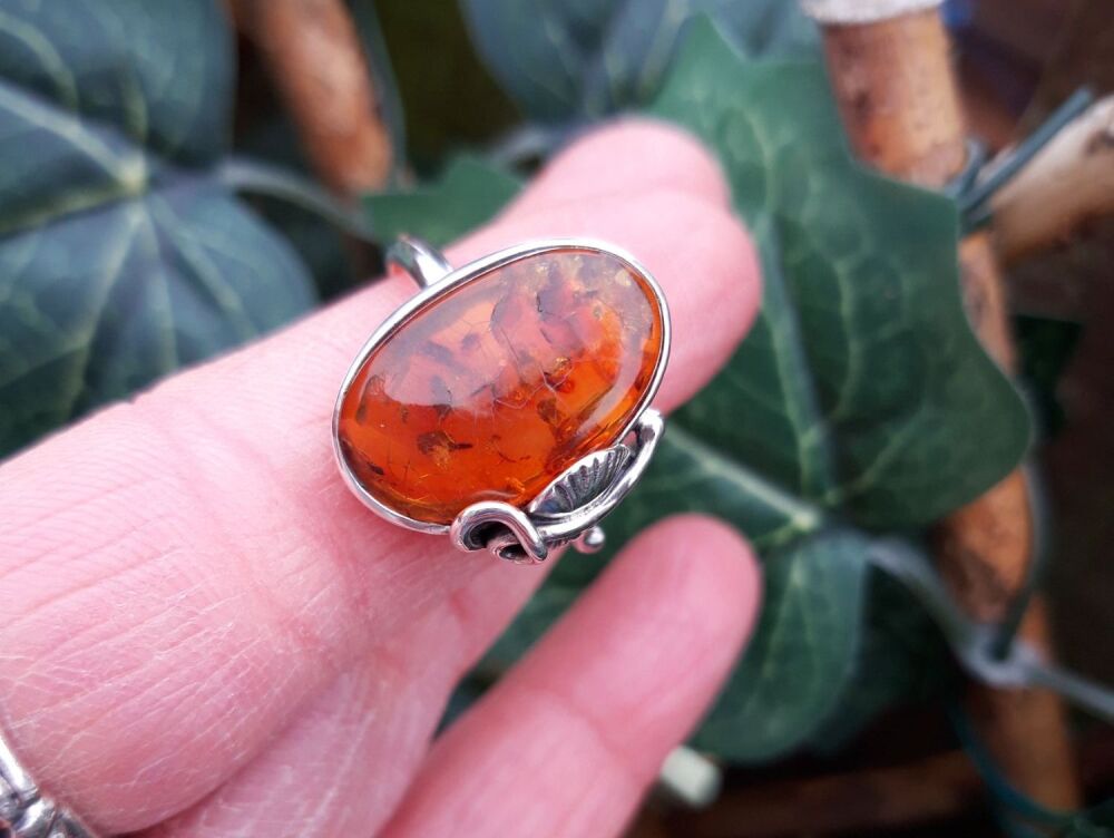 REFURBISHED Asymmetric sterling silver & amber ring (S)