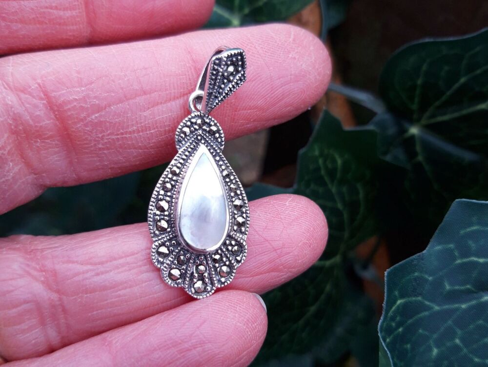 REFURBISHED Sterling silver, marcasite & mother of pearl dropper pendant