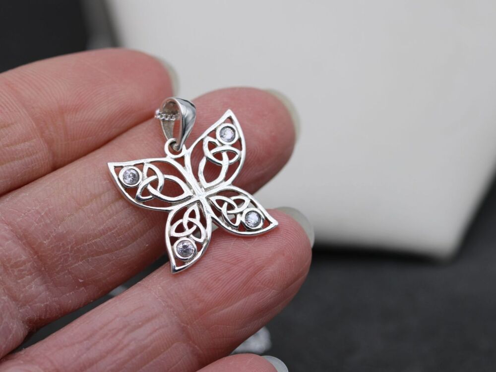 REFURBISHED Celtic sterling silver butterfly necklace set with cubic zirconia stones