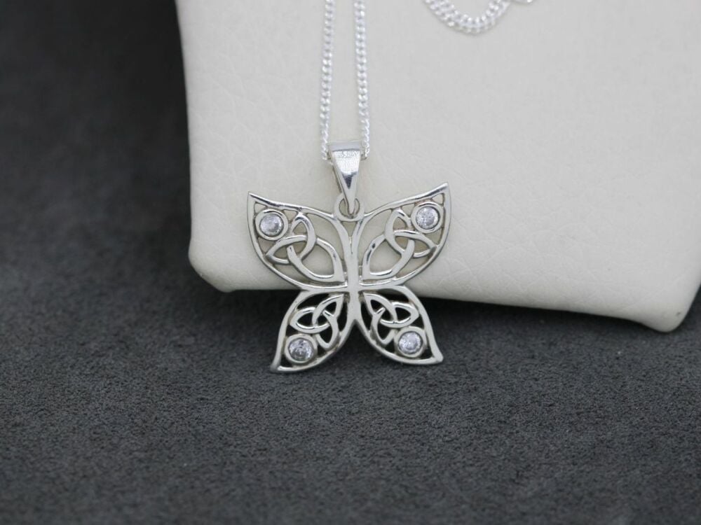 REFURBISHED Celtic sterling silver butterfly necklace set with cubic zirconia stones