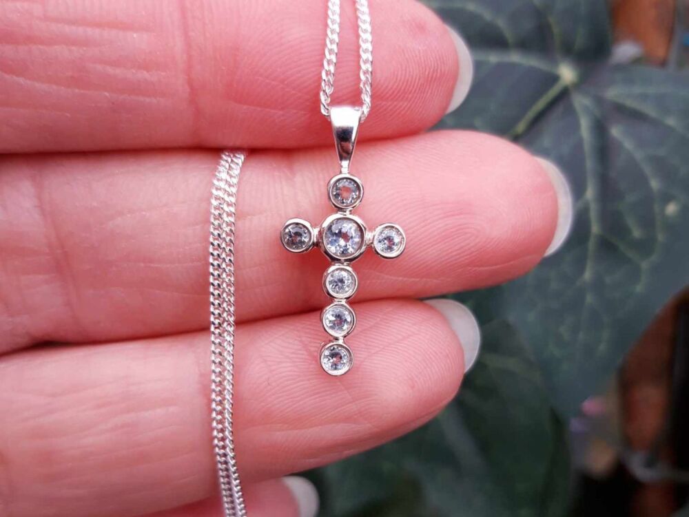 NEW Small sterling silver & pale blue stone cross necklace