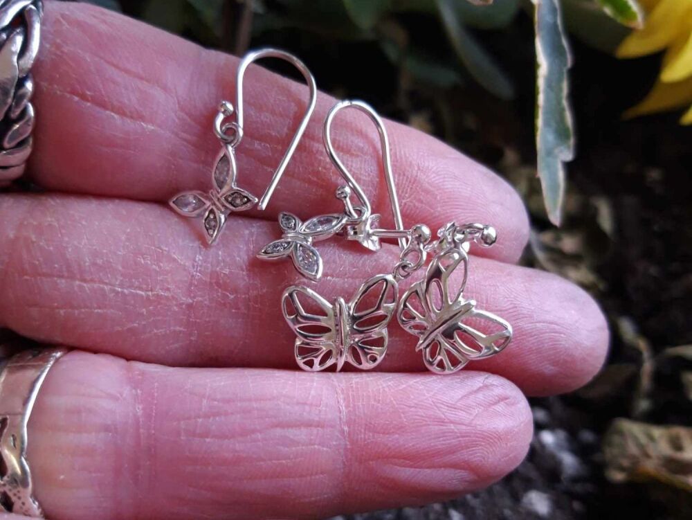 REFURBISHED 2 x pairs of sterling silver butterfly earrings
