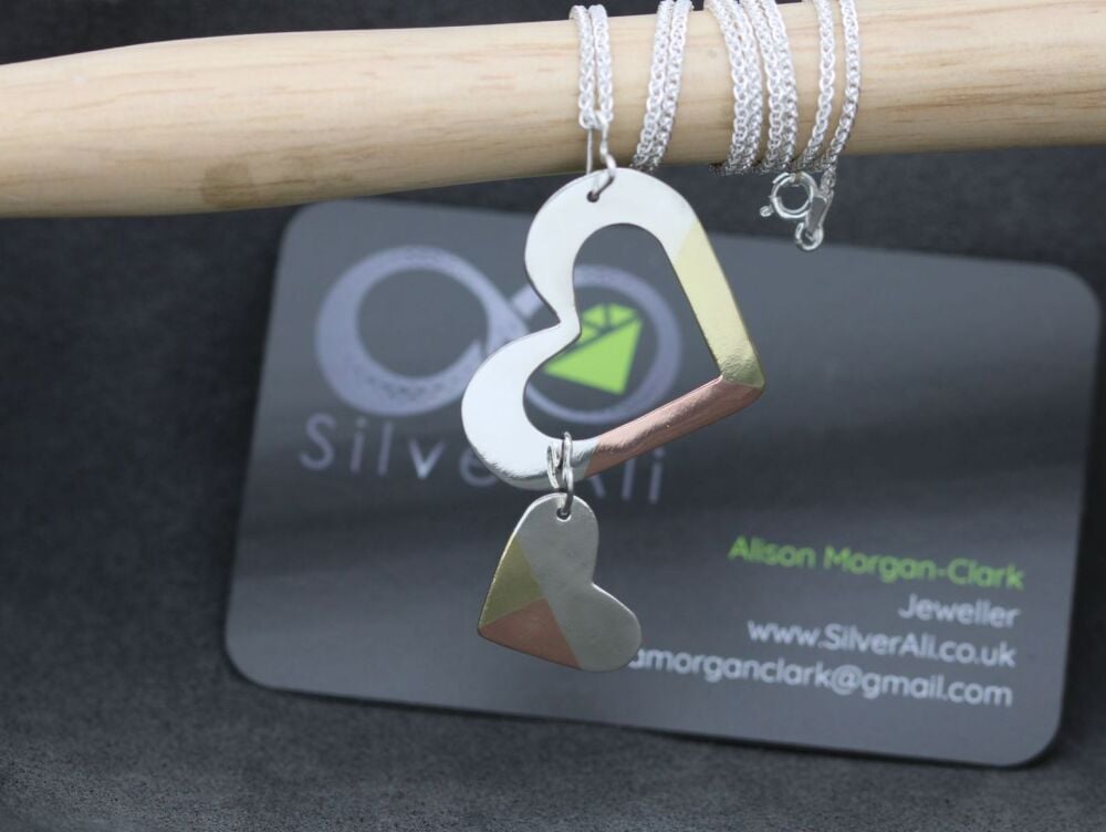 HANDMADE Asymmetric Sterling silver, Copper & Brass Hearts Necklace