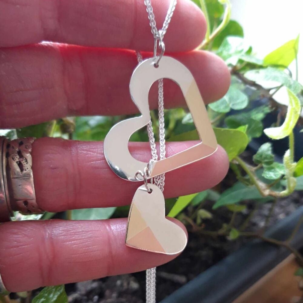 HANDMADE Asymmetric Sterling silver, Copper & Brass Hearts Necklace