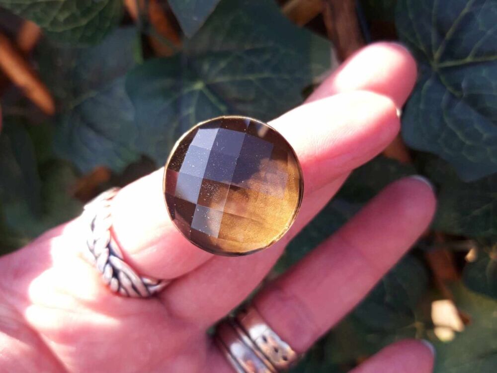 REFURBISHED Statement sterling silver & faceted smokey quartz ring (R)