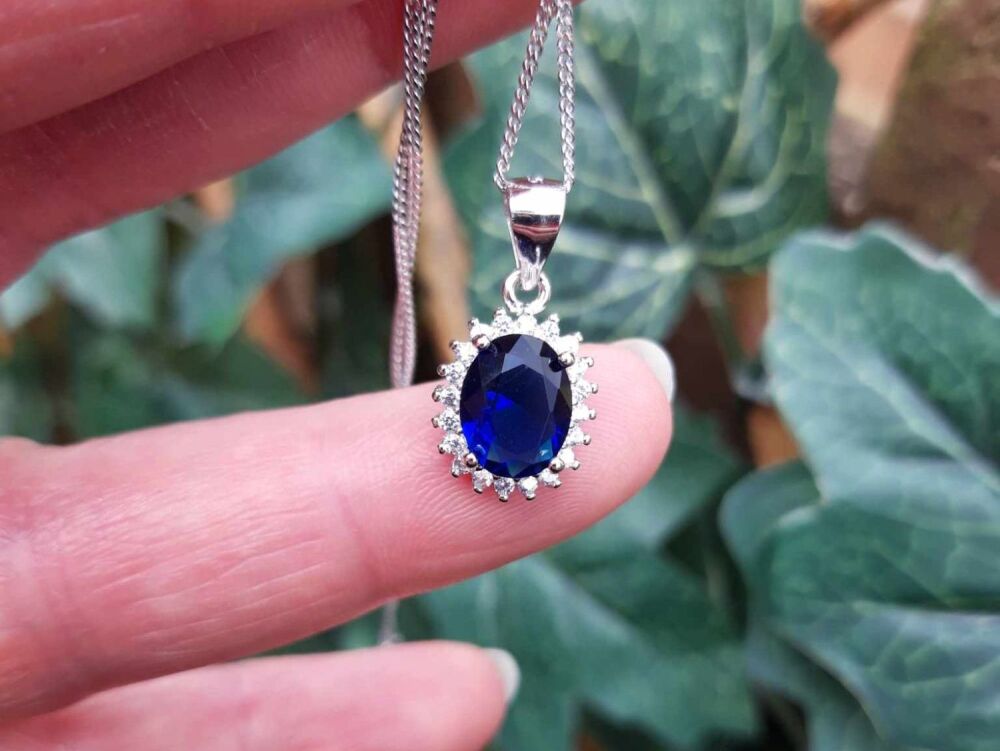 NEW Sterling silver cluster necklace with royal blue & clear stones