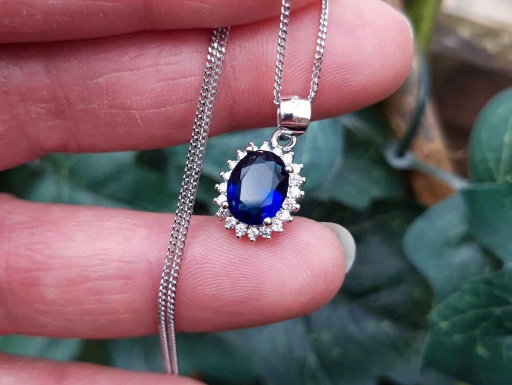 NEW Sterling silver cluster necklace with royal blue & clear stones