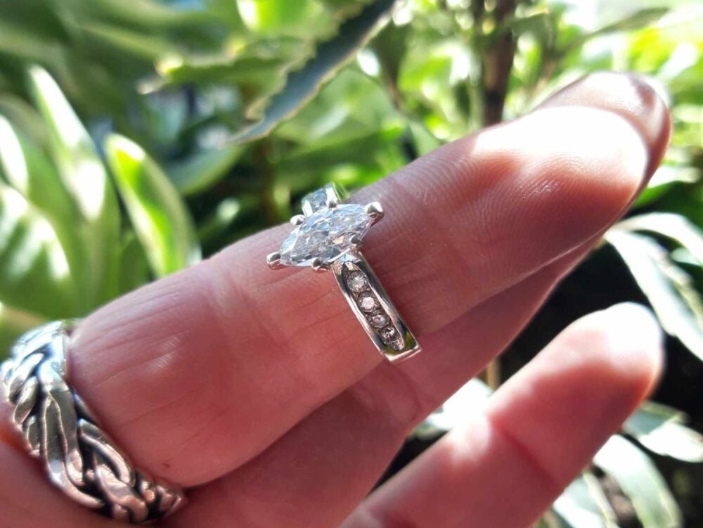 REFURBISHED Sterling silver marquise-cut solitaire ring with accents (K ½)
