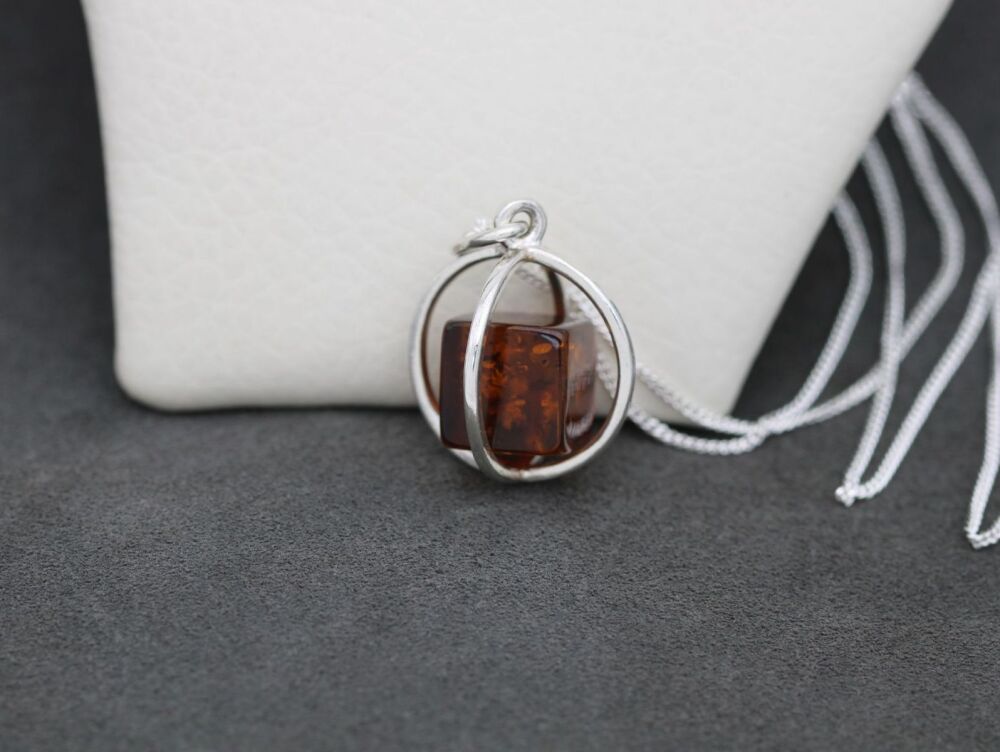 REFURBISHED Sterling silver & caged amber necklace