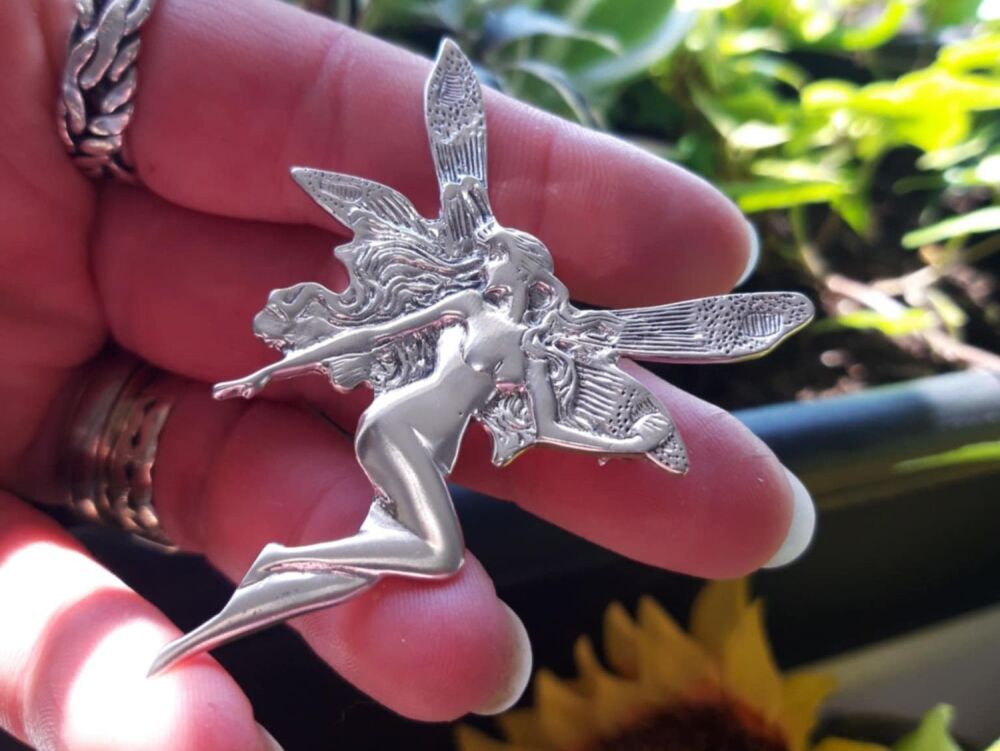 REFURBISHED Large decorative sterling silver fairy brooch