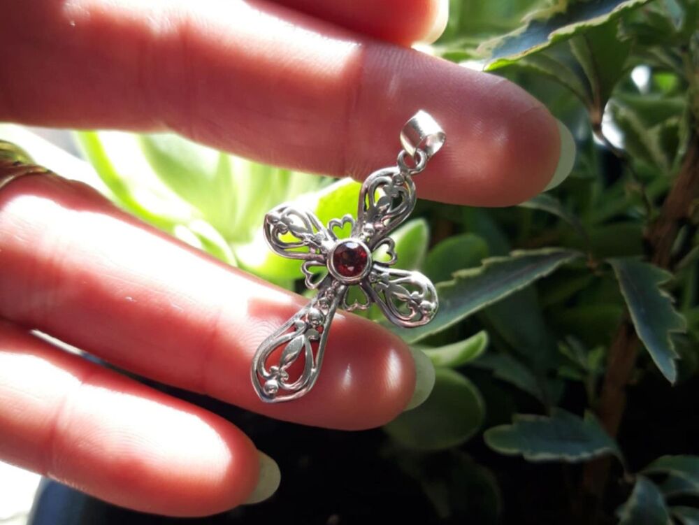 REFURBISHED Ornate sterling silver & garnet cross pendant