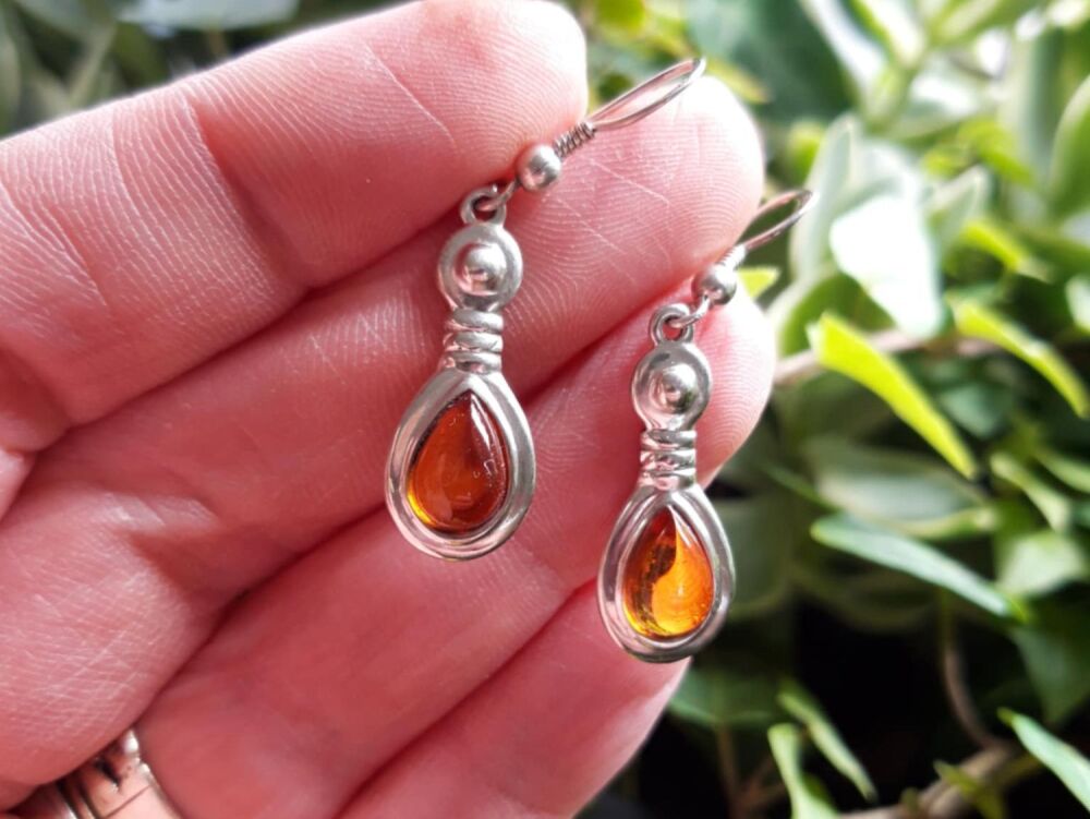 REFURBISHED Sterling silver & amber drop earrings