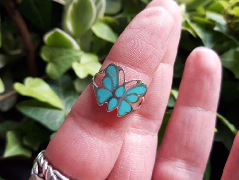 REFURBISHED Sterling silver & turquoise butterfly ring (M)