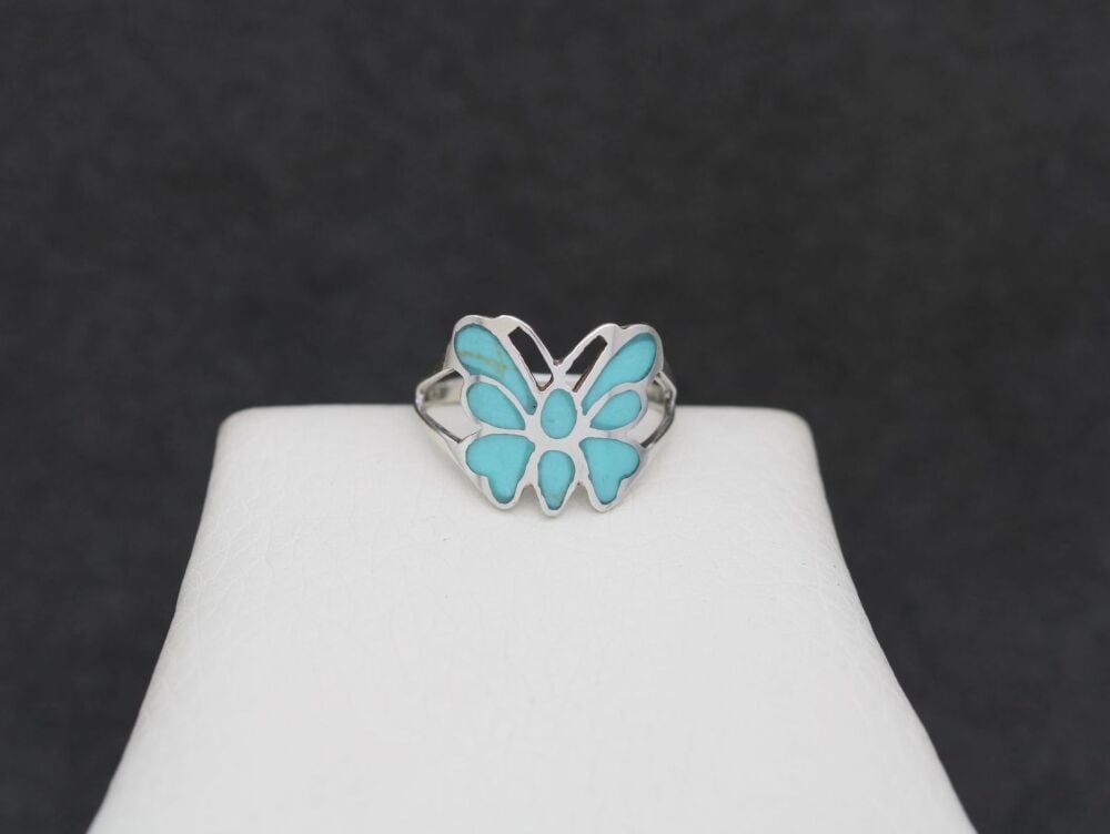 REFURBISHED Sterling silver & turquoise butterfly ring (M)