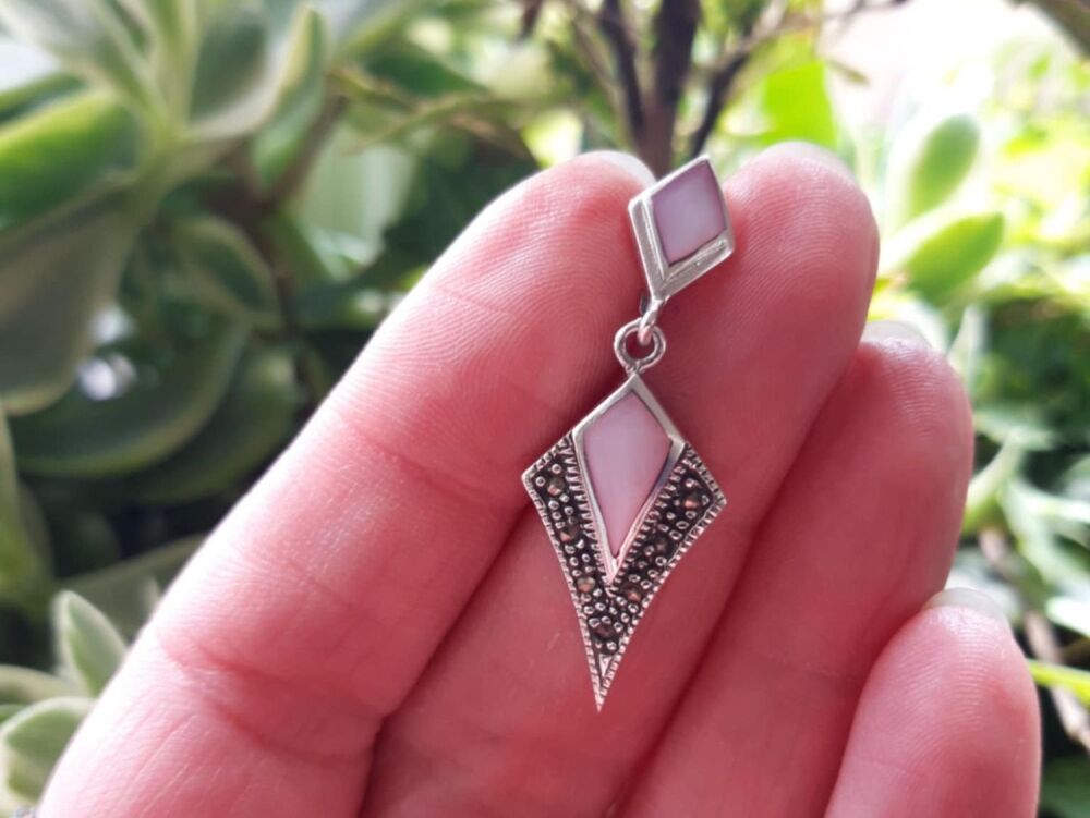 REFURBISHED Sterling silver, marcasite & pink mother of pearl pendant