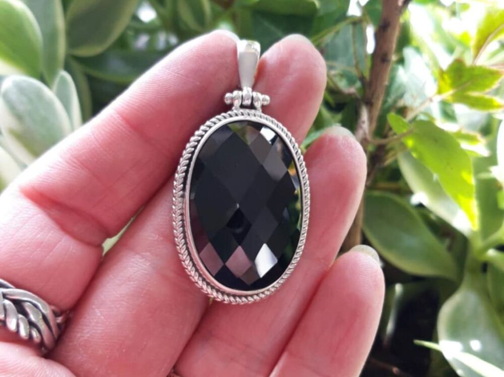 REFURBISHED Large sterling silver & faceted black onyx pendant