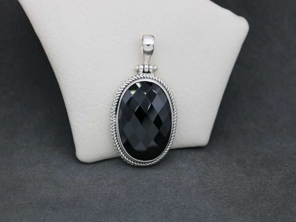 REFURBISHED Large sterling silver & faceted black onyx pendant
