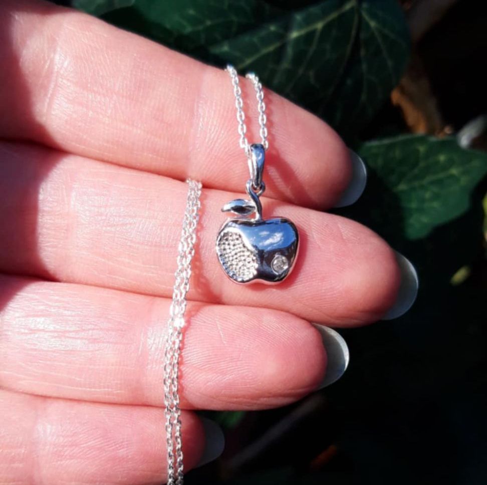 REFURBISHED Tiny sterling silver & white topaz apple necklace