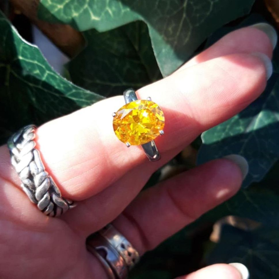 REFURBISHED Bold sterling silver & citrus stone solitaire ring (M)