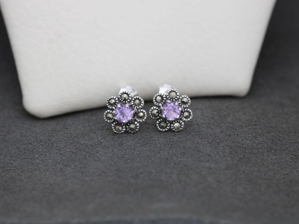 REFURBISHED Sterling silver, amethyst & marcasite stud earrings