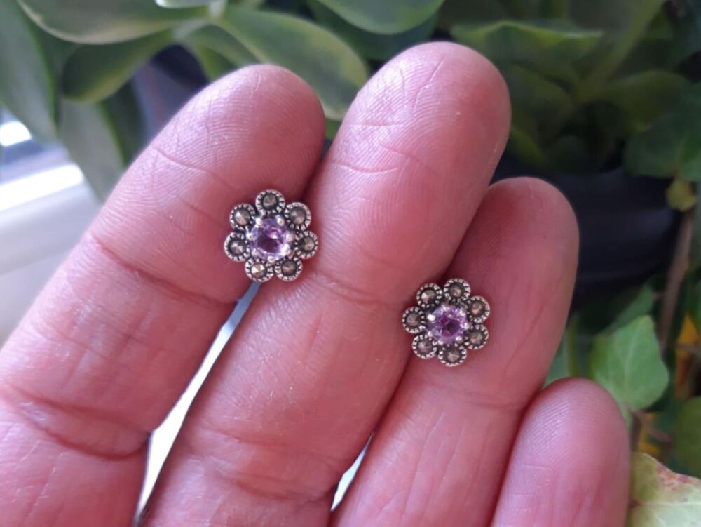REFURBISHED Sterling silver, amethyst & marcasite stud earrings