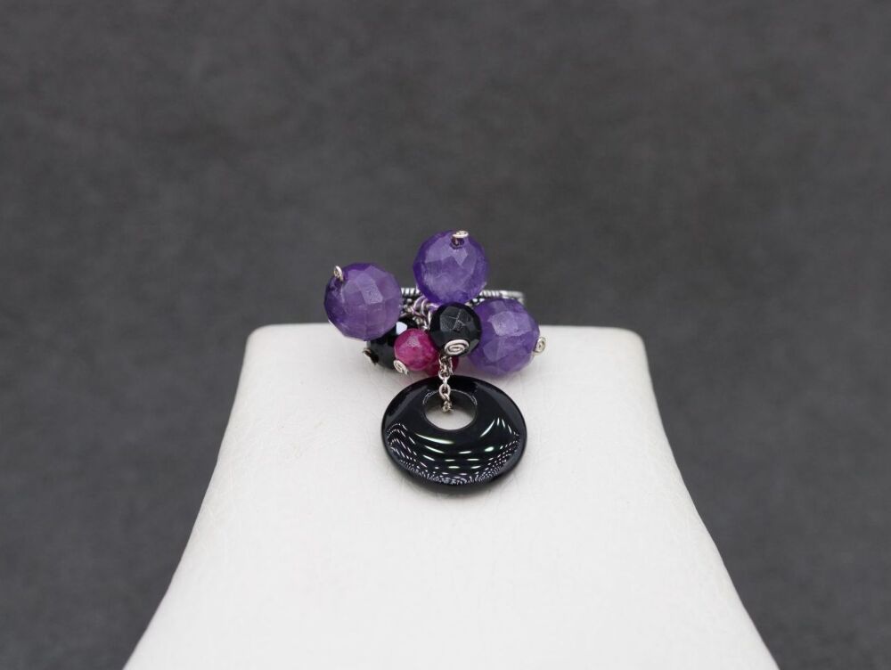 REFURBISHED Sterling silver, marcasite, amethyst & glass charm ring (J)