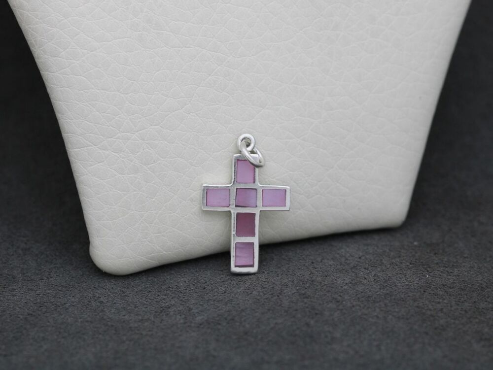 REFURBISHED Small sterling silver & pink Mother of Pearl cross pendant
