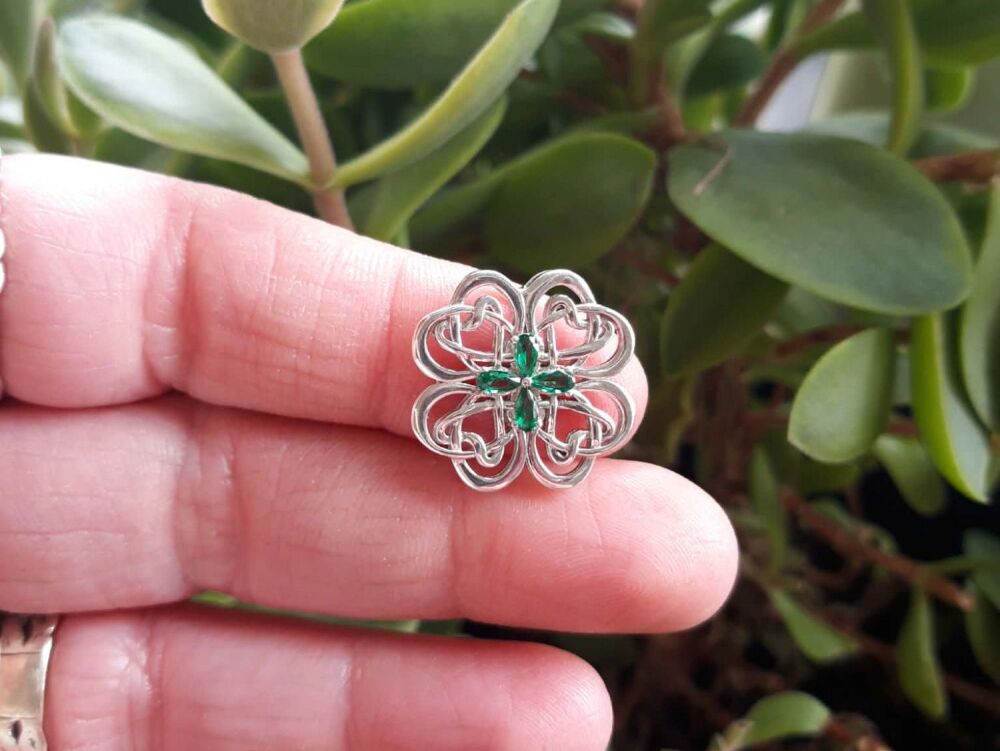 REFURBISHED Sterling silver celtic knot clover pendant with green stones