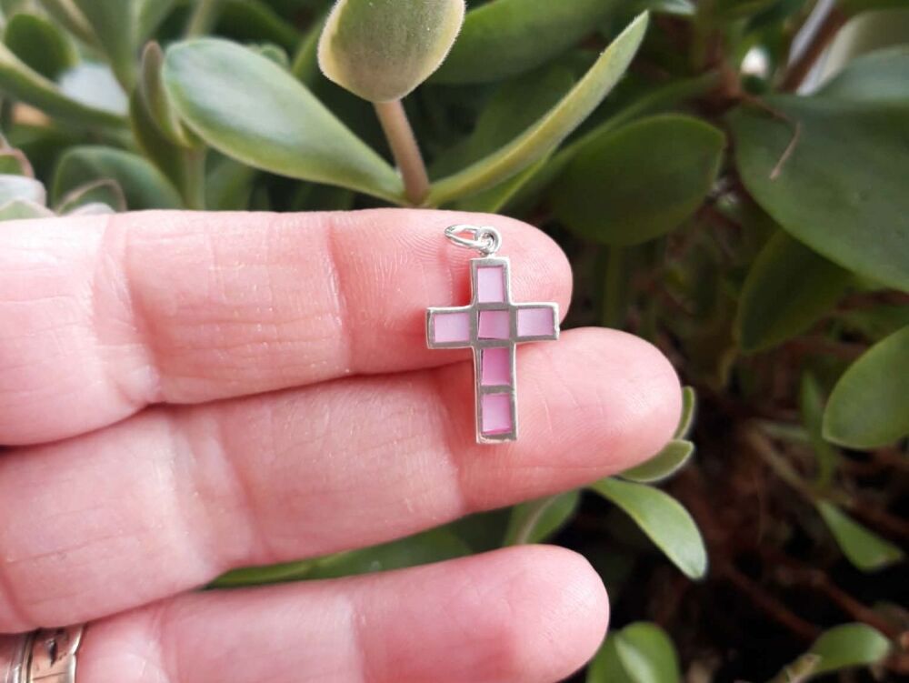 REFURBISHED Small sterling silver & pink Mother of Pearl cross pendant