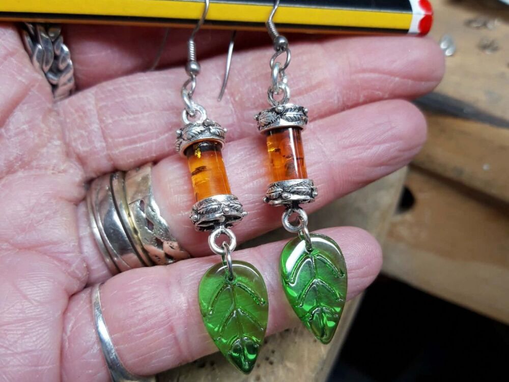 HANDMADE UPCYCLED Sterling silver, amber & green glass 'leaf' earrings