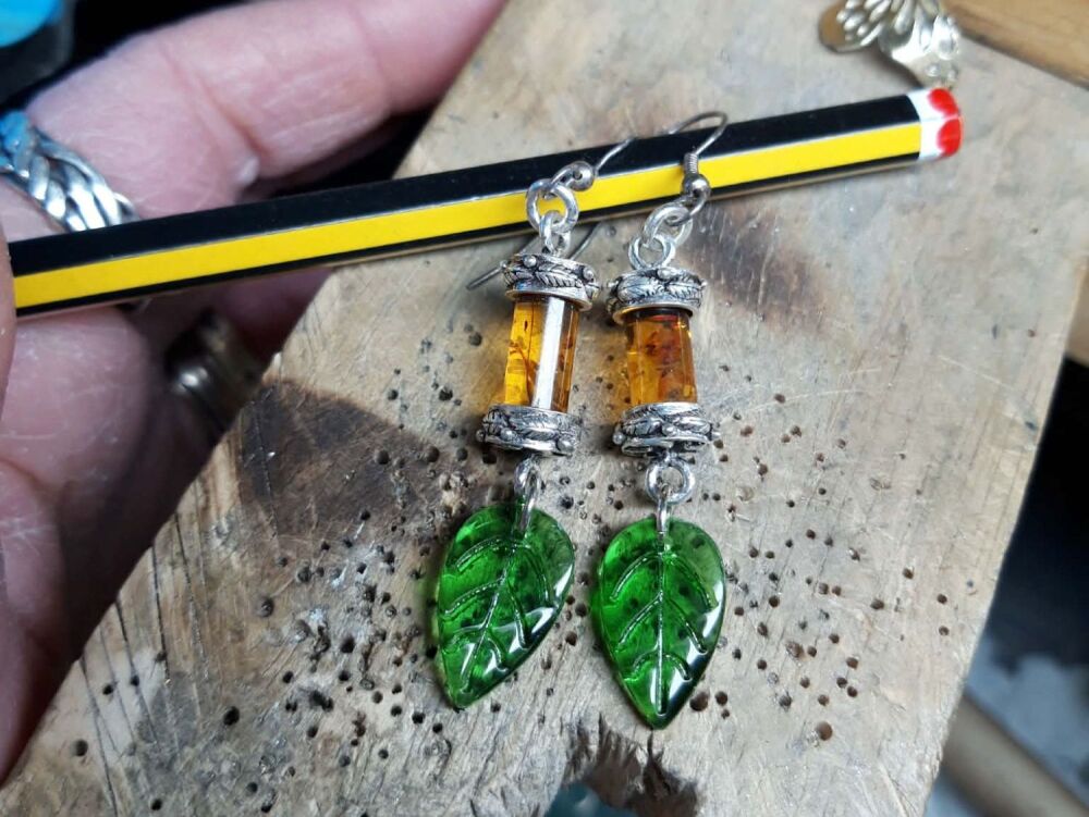HANDMADE UPCYCLED Sterling silver, amber & green glass 'leaf' earrings