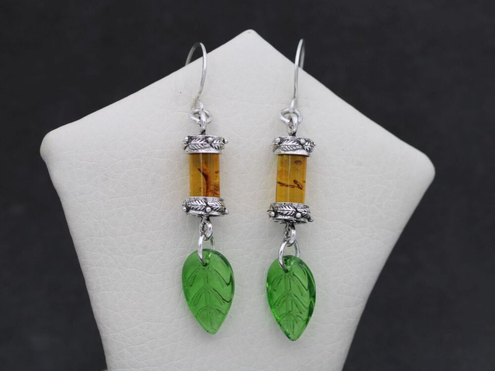 HANDMADE UPCYCLED Sterling silver, amber & green glass 'leaf' earrings