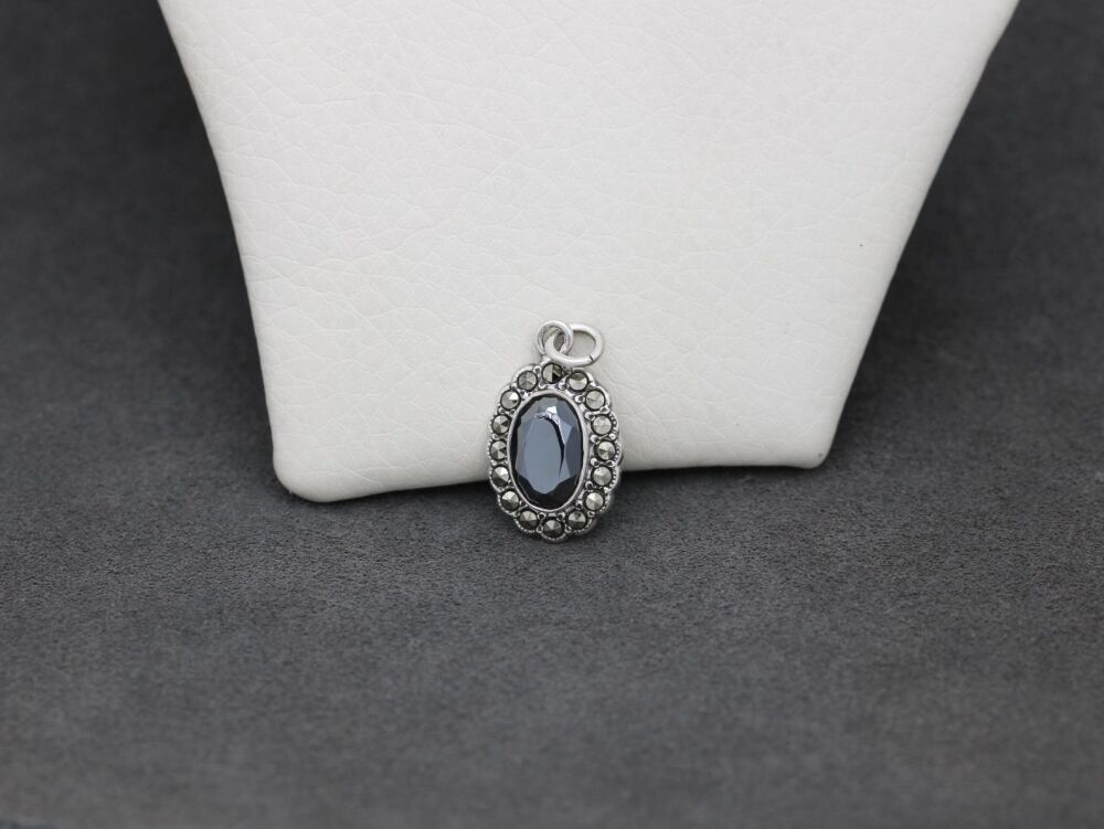 REFURBISHED Sterling silver, black glass & marcasite pendant