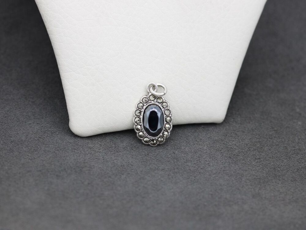 REFURBISHED Sterling silver, black glass & marcasite pendant