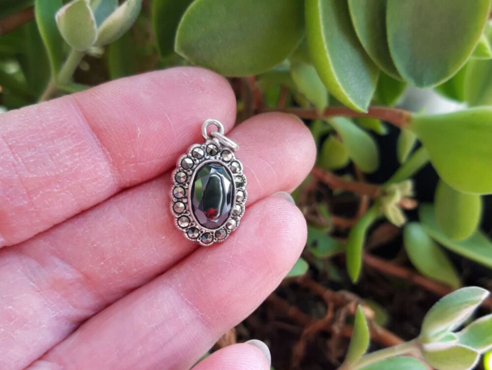 REFURBISHED Sterling silver, black glass & marcasite pendant