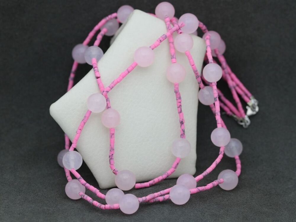 REFURBISHED Sterling silver, rose quartz & pink howlite multi-strand necklace