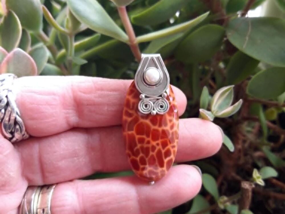 REFURBISHED Sterling silver, crab agate & freshwater pearl pendant