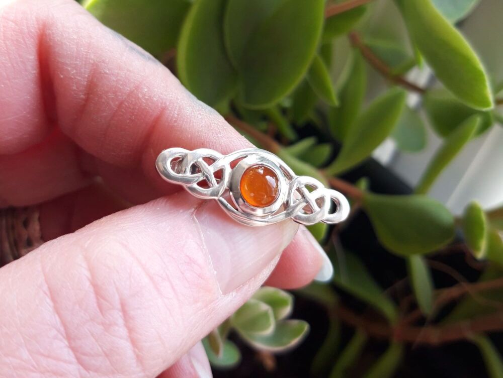 REFURBISHED Small celtic sterling silver & amber brooch