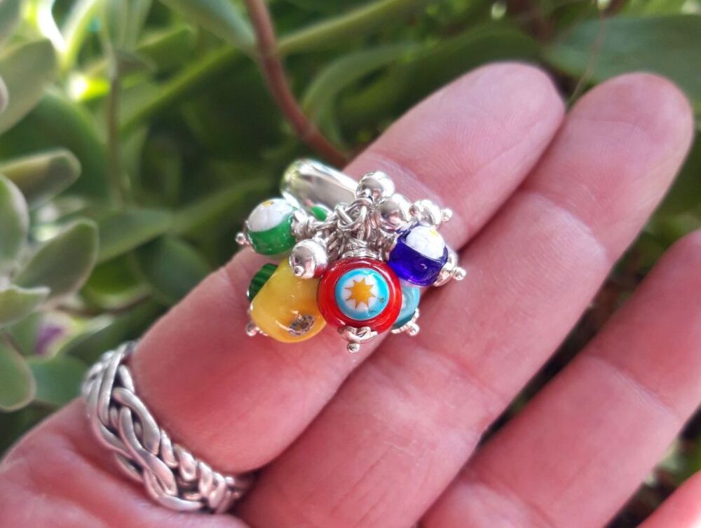 REFURBISHED Italian sterling silver & millefiori glass bead ring (U)