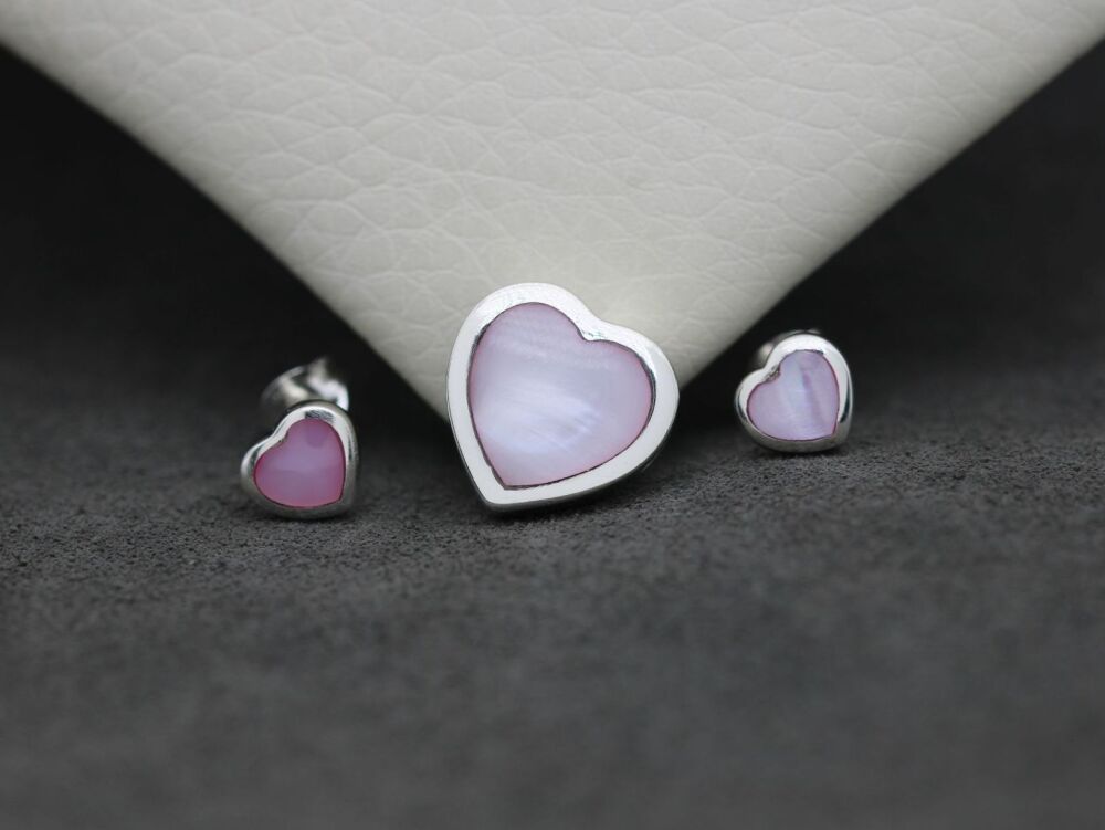 REFURBISHED Sterling silver & pink mother of pearl heart set