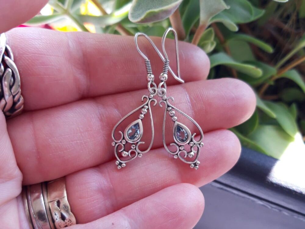 REFURBISHED Decorative sterling silver & topaz teardrop earrings