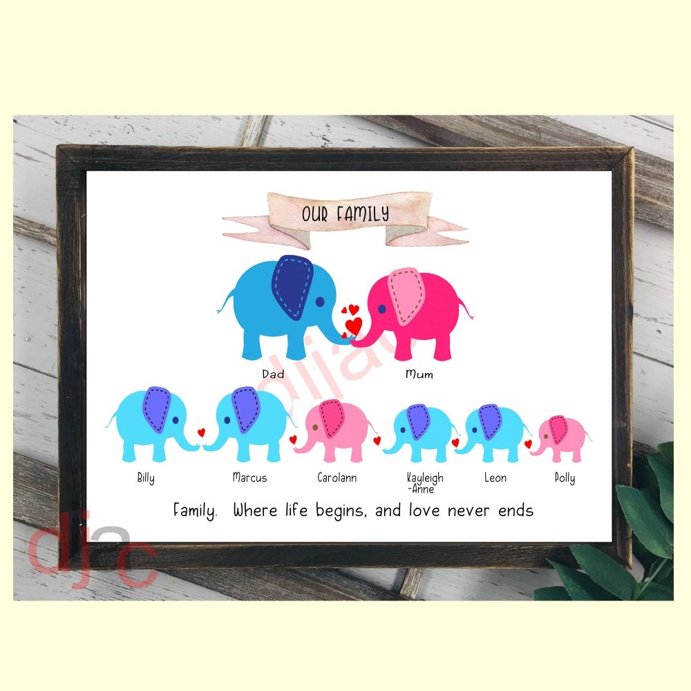 8 CHARACTER ELEPHANT FAMILY PRINT