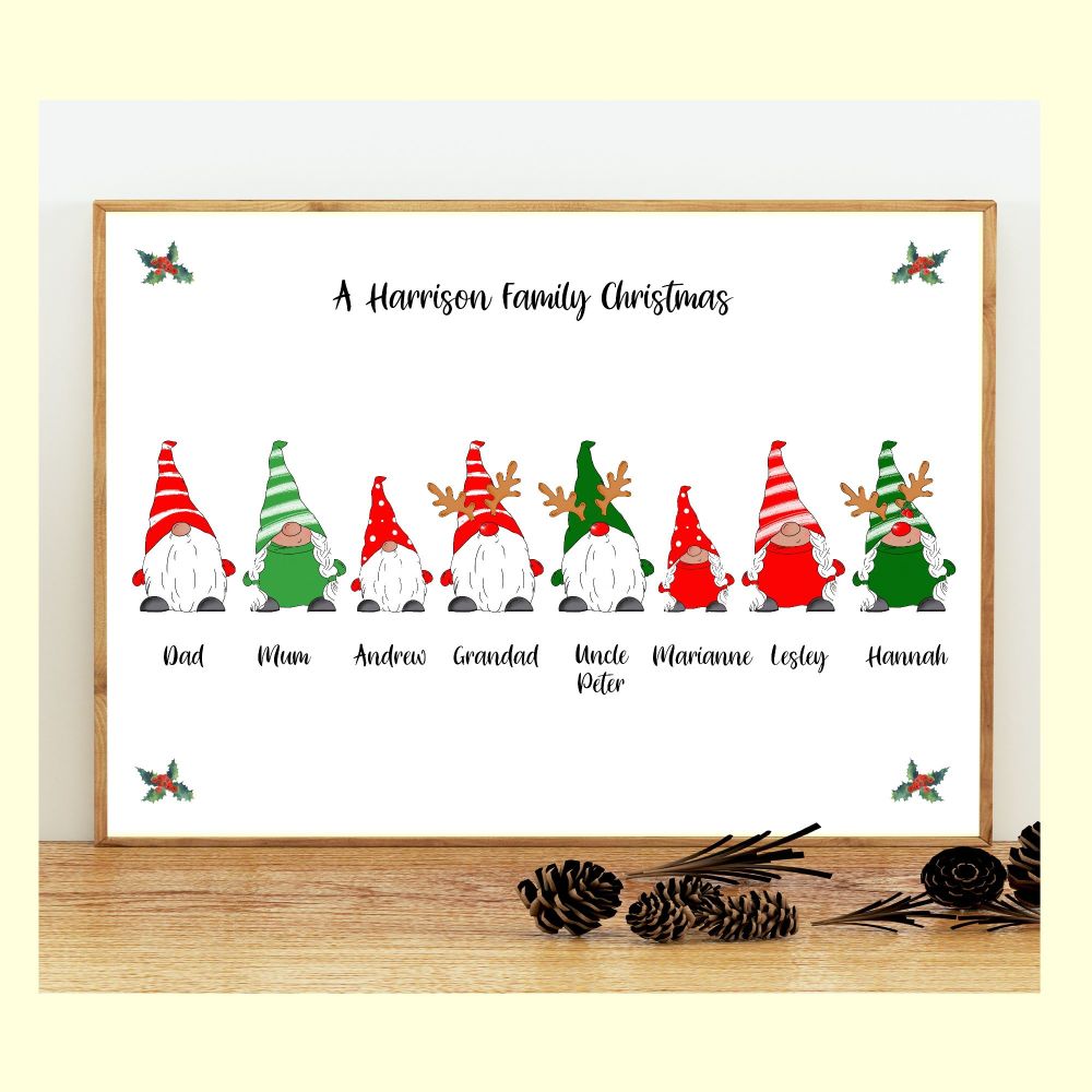 A4 Personalised Christmas Gnome Family Print Customise with up to 5 Gnomes