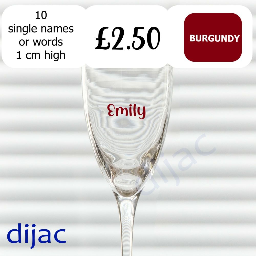 VINYL CLEARANCE<BR>10 x NAMES / WORDS<BR>1 cm high in Burgundy