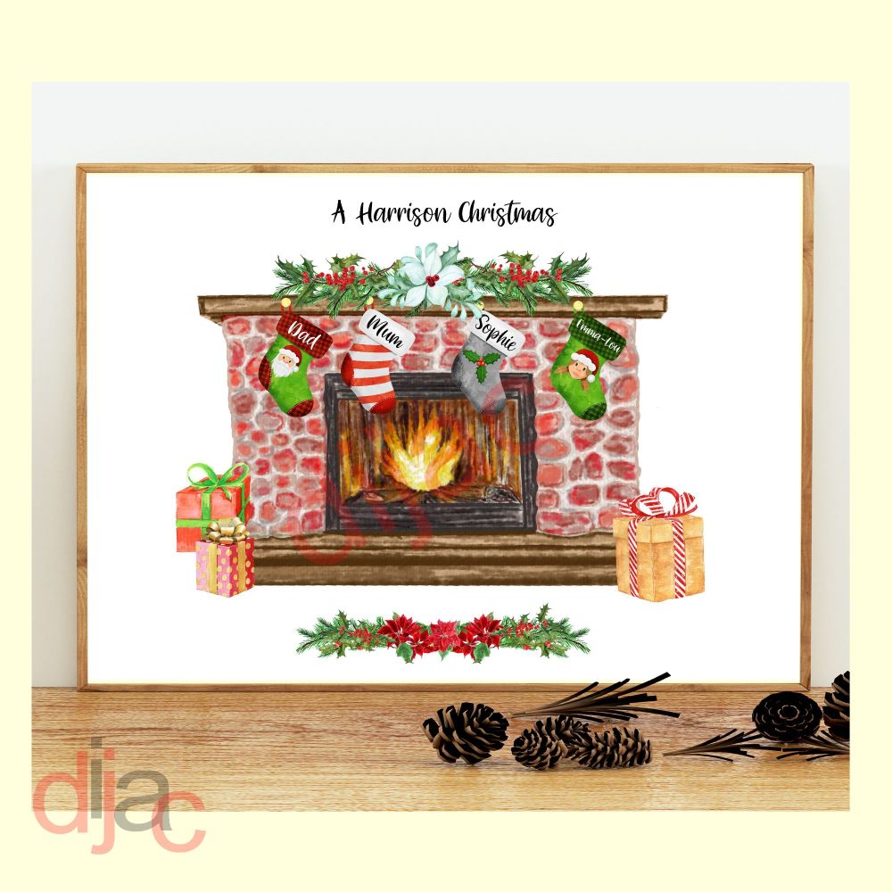 Fireplace Stockings Character Christmas Print D1