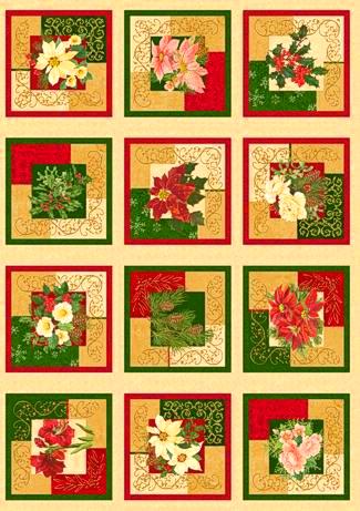 Holiday Finery - 12 Christmas Rose Squares Panel