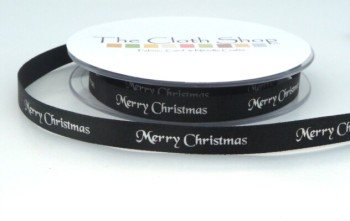 B12330-10 Silver Merry Christmas on Black Satin 10mm