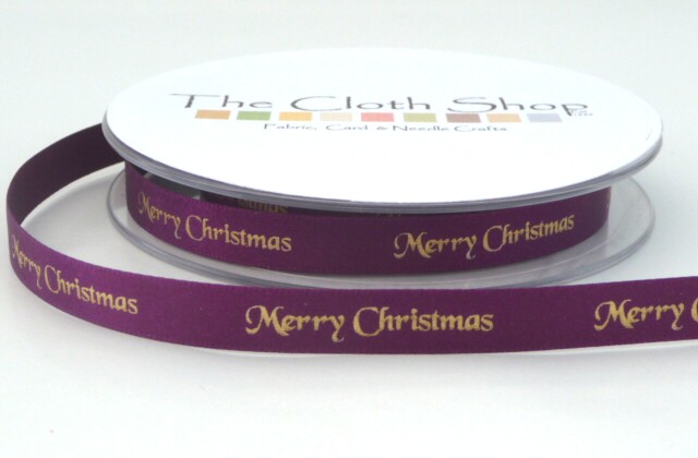 B12330-49 Gold Merry Christmas on Purple Satin 10mm